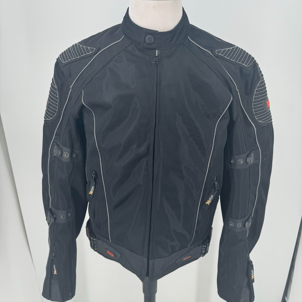 Xelement Motorcycle Jacket MENS Black Nylon Full Zip Reflective Piping Coat L